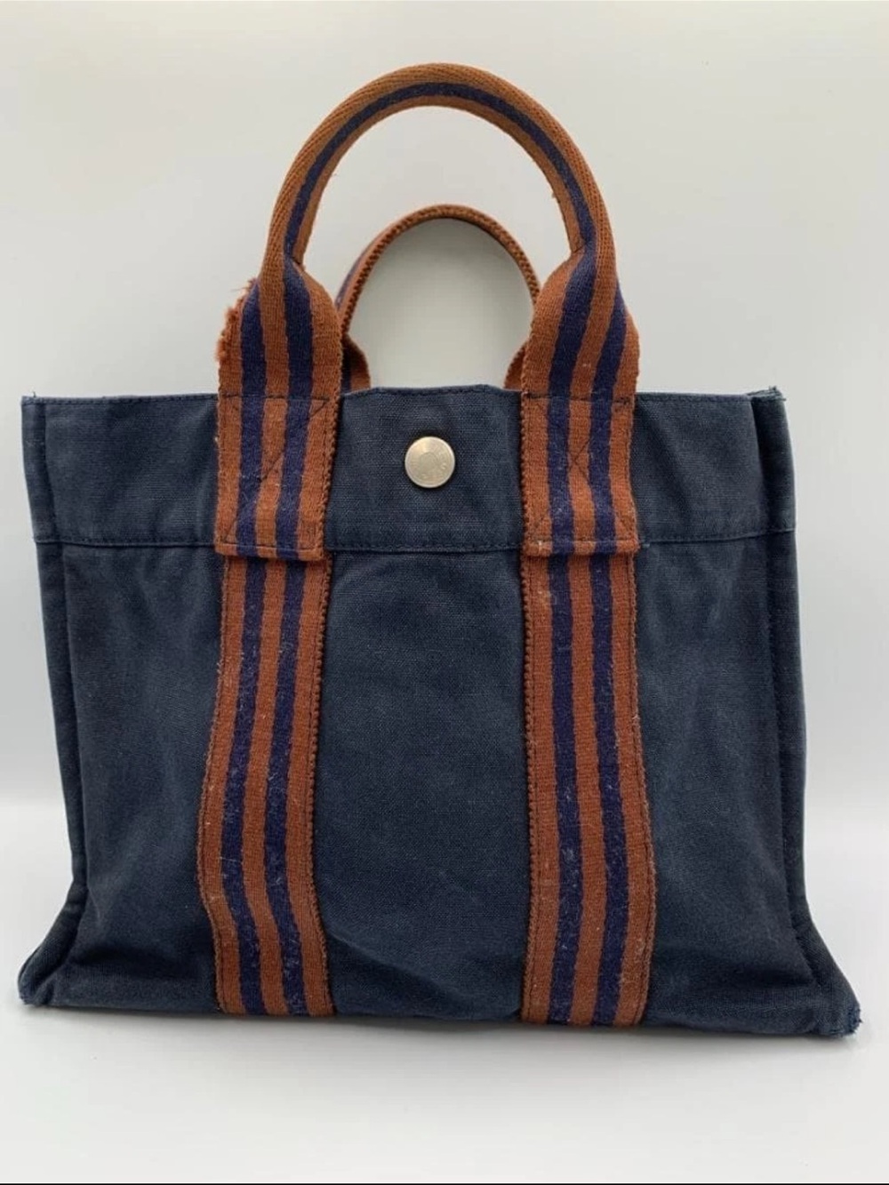 Hermes Navy Canvas Tote with Brown Striped Handles